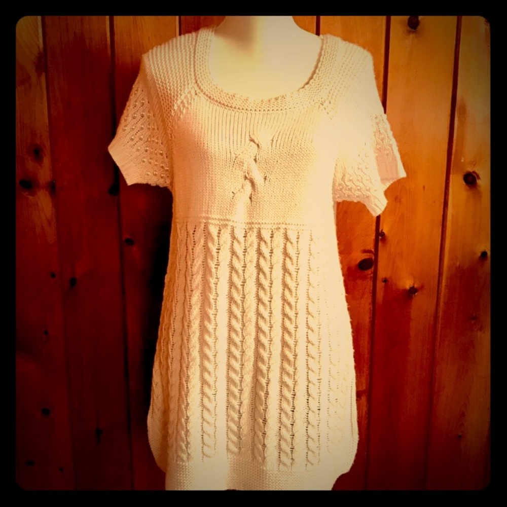 Cable Knit Ivory Sweater With Pearls XL